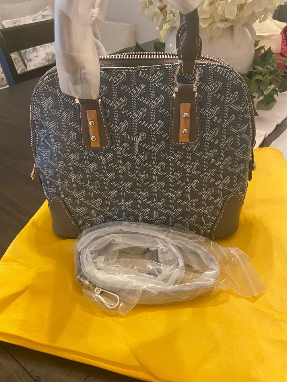 Goyard-Style Gray Patterned Dome Satchel with Brown Trim
